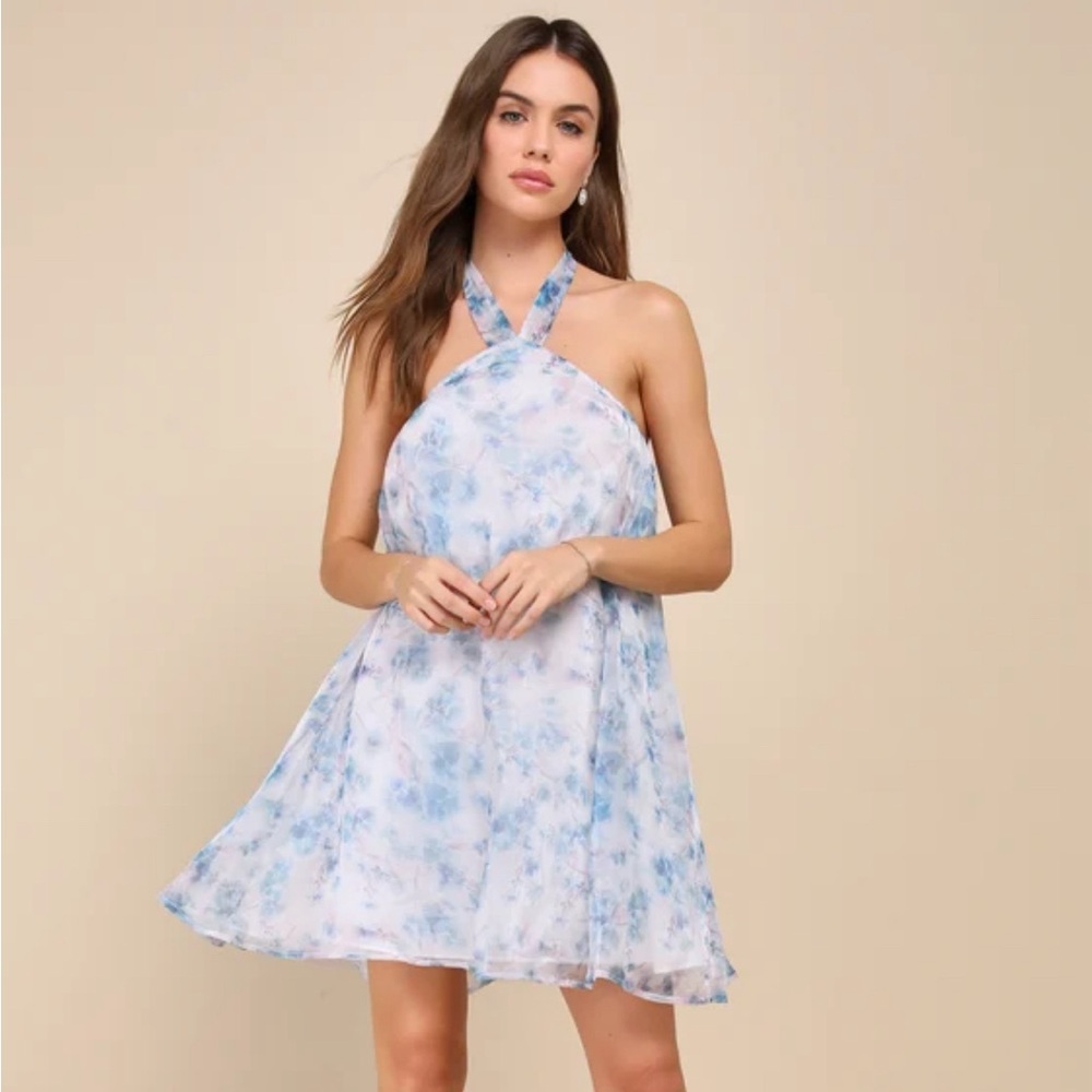 Lulus NWT Gorgeous Grace White Floral Organza Halter Shift Mini Dress